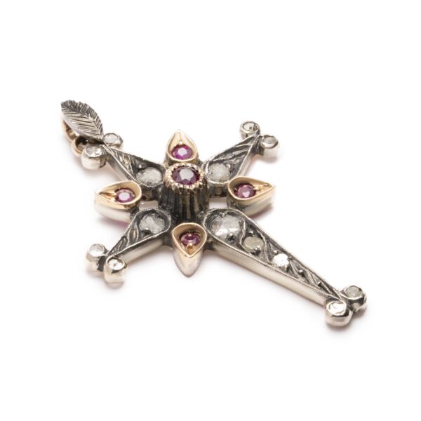 Pendentif Croix En Argent 925 Avec Rubis Synthétiques - Vintage Années 50/60 - Pour Femme